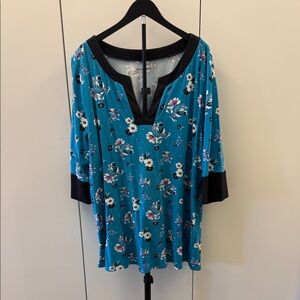 Woman Within Teal and Black Floral 3/4 Sleeve Tunic